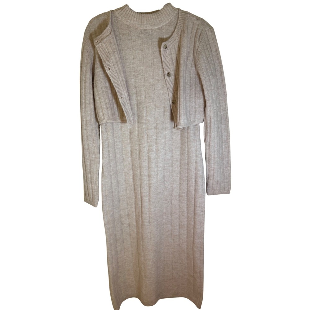NEW House of Harlow 1960 Sweater Dress Cardigan 2 Piece Set‎ Ribbed Knit Beige M - Picture 3 of 15